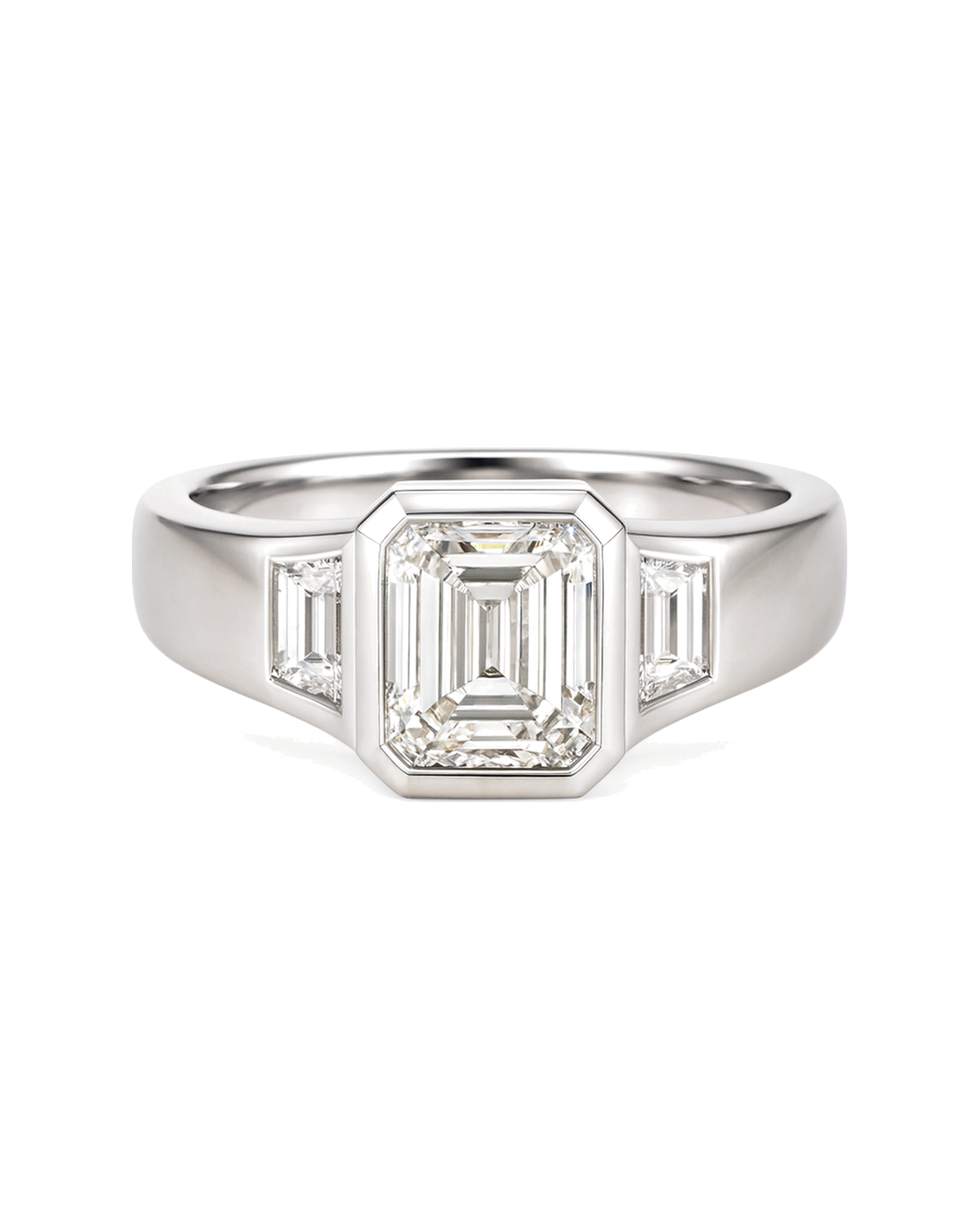 The Clemence — Emerald Bezel Three-Stone Engagement Ring