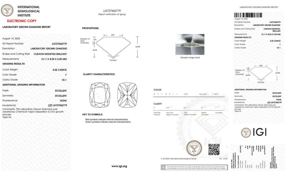 A real IGI laboratory-grown diamond report for a 5.02ct cushion