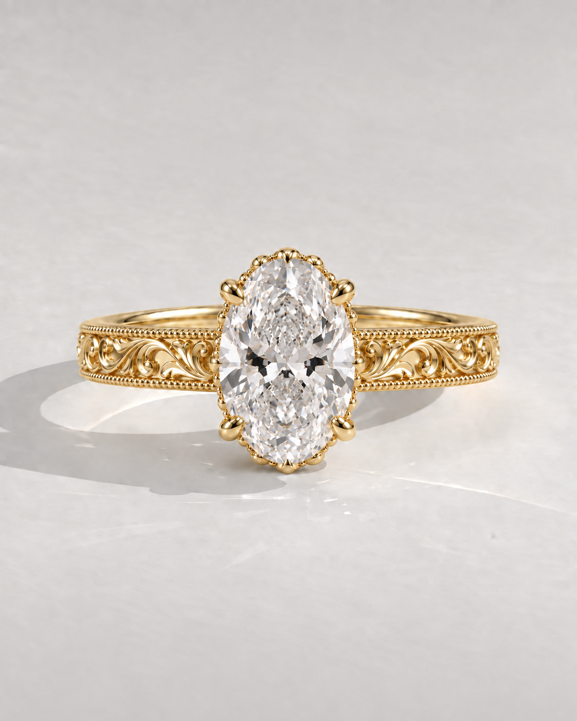 Fleur Oval Engraved Solitaire in 14k yellow gold — design visualization