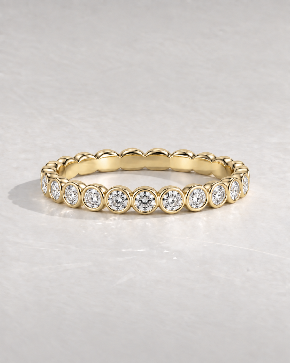 Pearl Round Bezel Diamond Band in 14k yellow gold — design visualization
