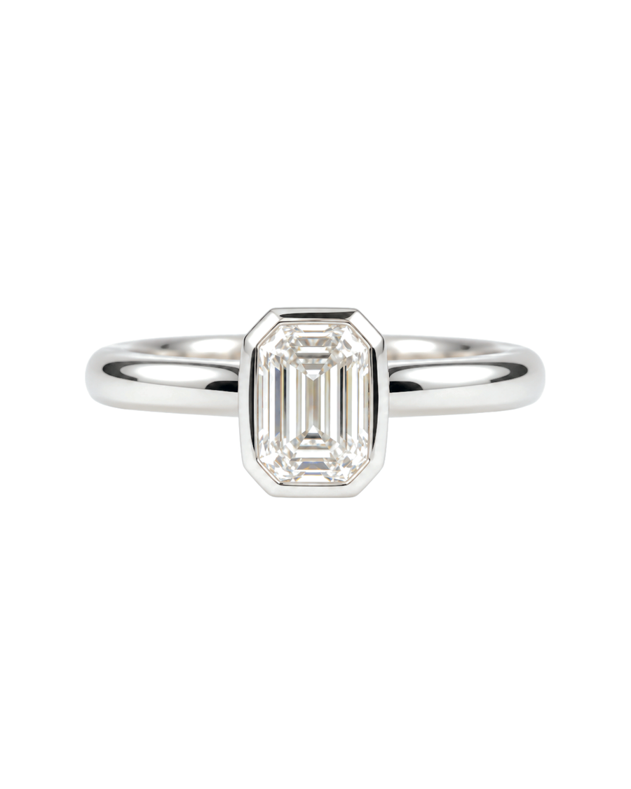 The Adeline — Emerald Bezel Solitaire Engagement Ring in White Gold