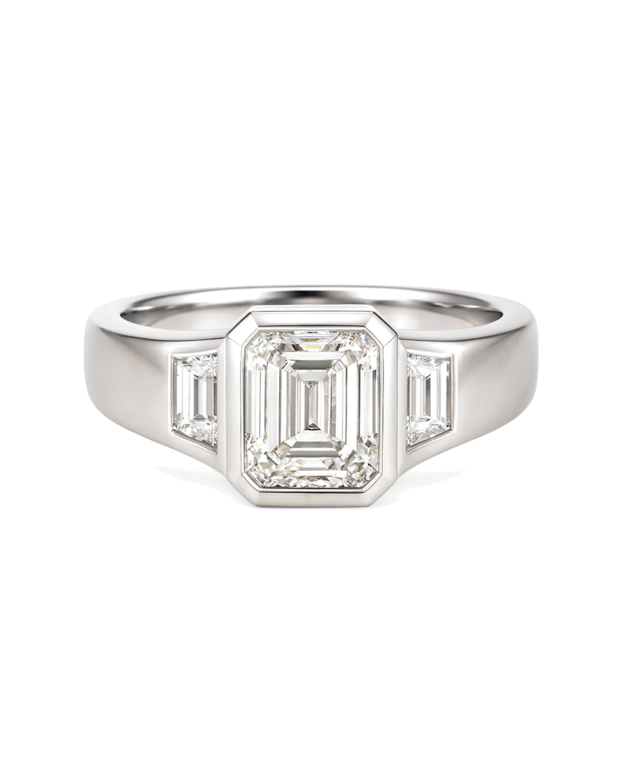 The Clemence — Emerald Bezel Three-Stone Engagement Ring