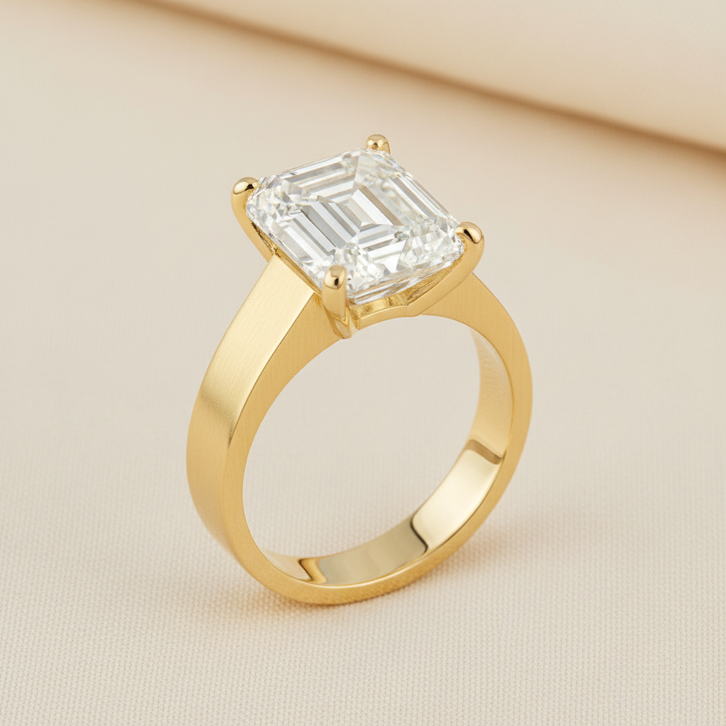 2.6ct Emerald Thick Gold Band Euro Shank Diamond Ring