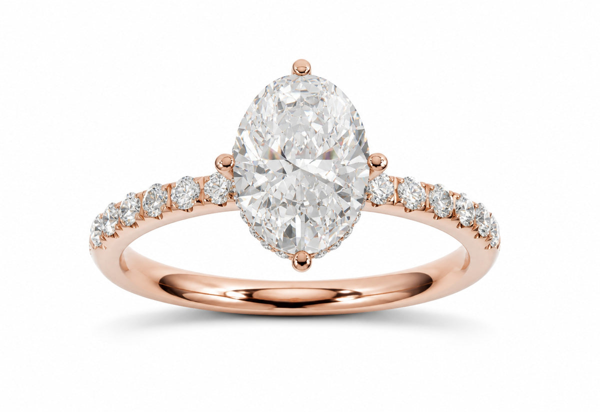 Oval hidden halo lab-grown diamond engagement ring, 14k Rose Gold, front view, 3D render