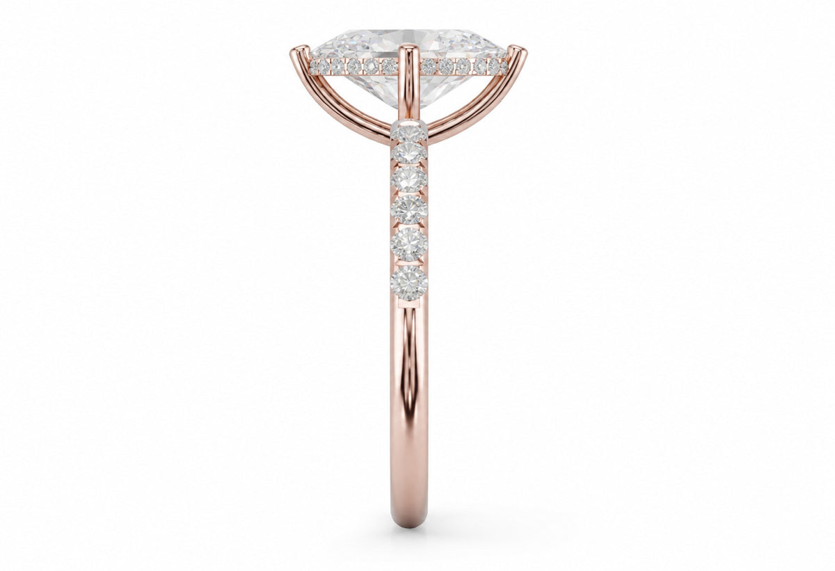 Oval hidden halo lab-grown diamond engagement ring, 14k Rose Gold, side view, 3D render