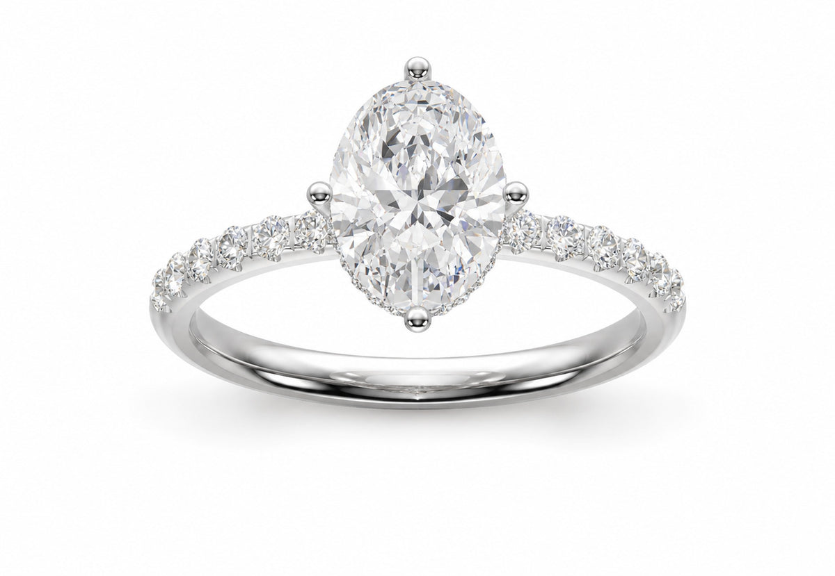 Oval hidden halo lab-grown diamond engagement ring, 14k White Gold, front view, 3D render