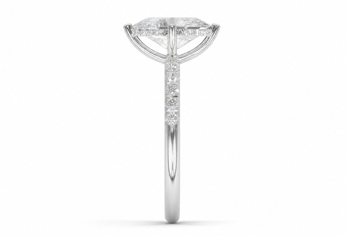 Oval hidden halo lab-grown diamond engagement ring, 14k White Gold, side view, 3D render