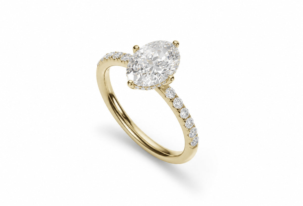 Oval hidden halo lab-grown diamond engagement ring, 14k Yellow Gold, angled view, 3D render