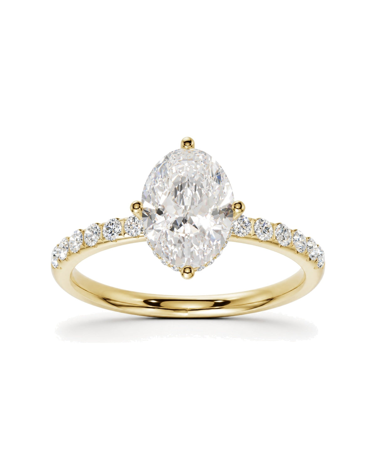 The Oval Hidden Halo Lab-Grown Diamond Engagement Ring in 14k yellow gold, front view on white