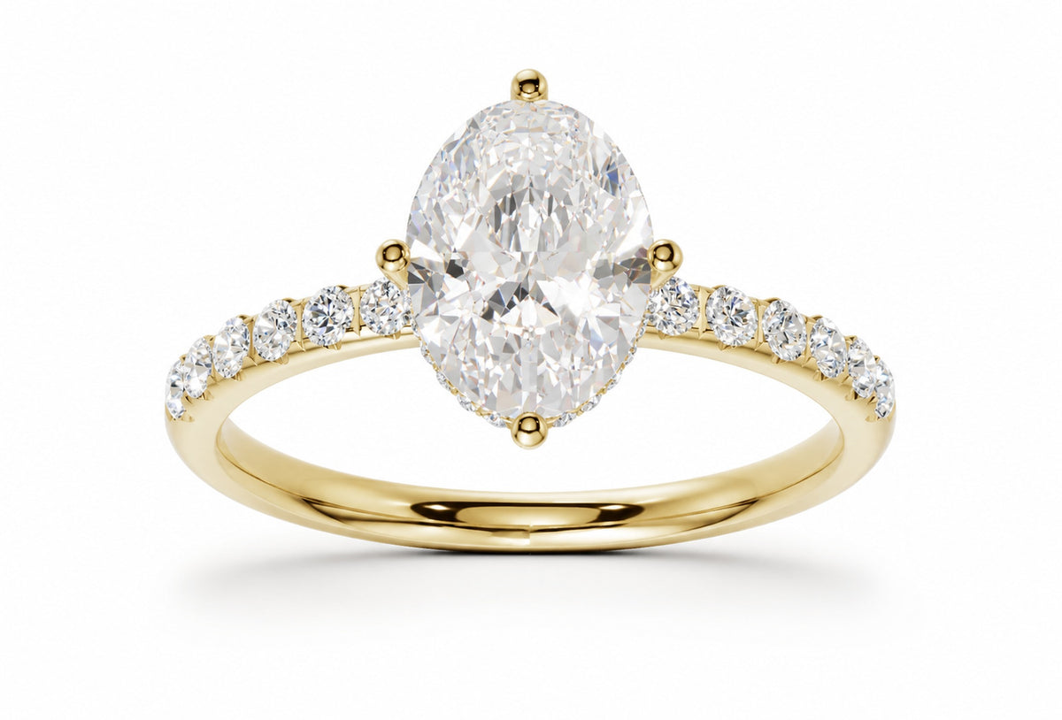 Oval hidden halo lab-grown diamond engagement ring, 14k Yellow Gold, front view, 3D render