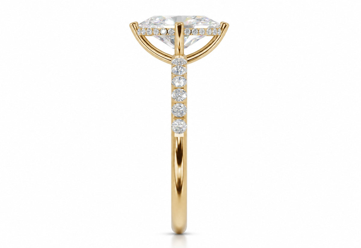 Oval hidden halo lab-grown diamond engagement ring, 14k Yellow Gold, side view, 3D render