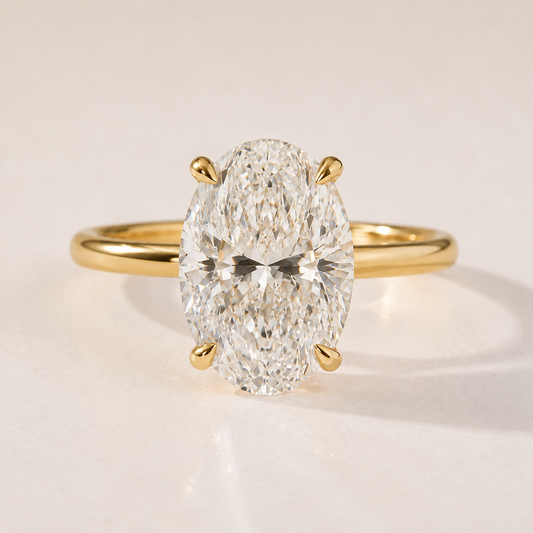 The Francesca — four-carat oval lab-grown diamond solitaire engagement ring in 14K yellow gold