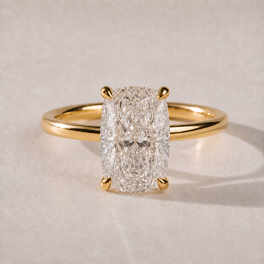 The Vivienne elongated cushion lab-grown diamond hidden halo engagement ring in 14K yellow gold