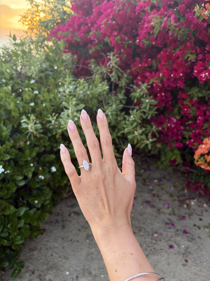 Elongated cushion Lavora engagement ring at golden hour