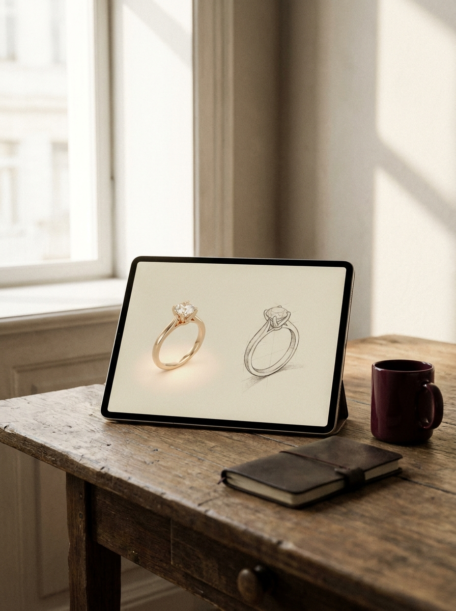 A 3D CAD render of the ring beside a paper sketch