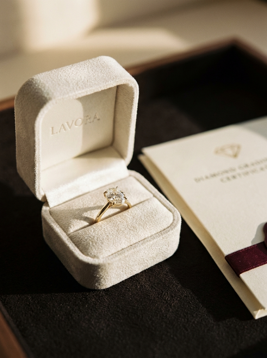 The finished ring in its Lavora box with the IGI certificate